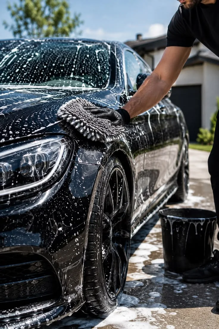 Guante de microfibra con espuma sobre la carrocería de un auto negro
