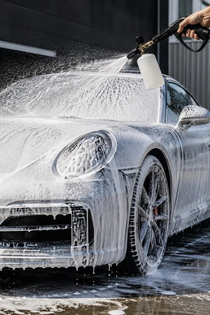 Auto cubierto de espuma durante el lavado con shampoo