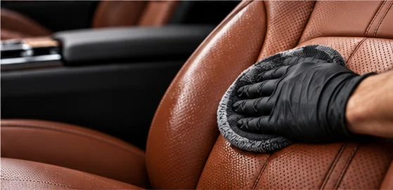 Asiento de piel limpiado con un aplicador de microfibra